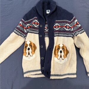 Shawl Collar Dog Motif Cardigan Sweater - Navy & Cream
